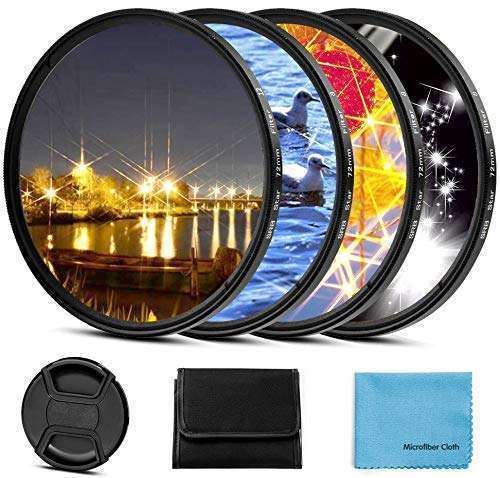 77mm Star Filter Set: 4-Piece Starburst Lens Filters for Canon, Nikon, Sony & More + Lens Cap & Pouch