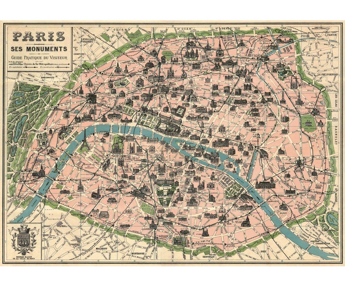 "Vintage Paris Map Monuments Poster 20" x 28" by Cavallini & Co - Perfect Wall Art for Paris Lovers"