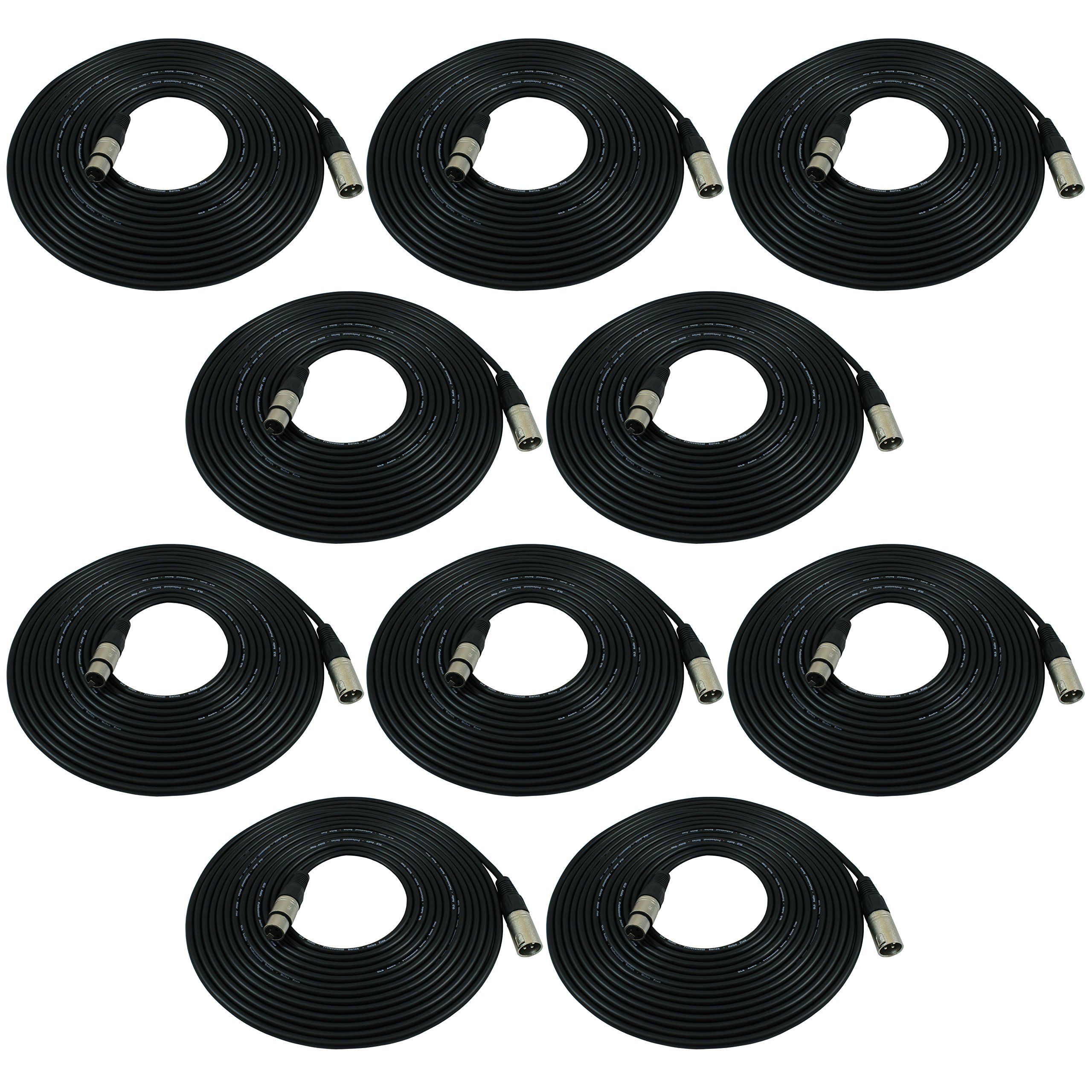 GLS Audio 25ft XLR Mic Cable 10-Pack - Balanced Black Microphone Patch Cords for Superior Sound Quality