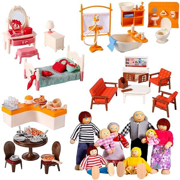 83 Pcs Doll House Furniture Set with 8 Bendable Figures Fully Furnished Kitchen Living Room Bathroom Bedroom Pretend Play Toys