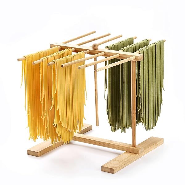 8SOM Bamboo Pasta Drying Rack with Transfer Wand 12 Bars Easy Transfer for Drying Pasta Cooking Special Suspension Design Large Storage