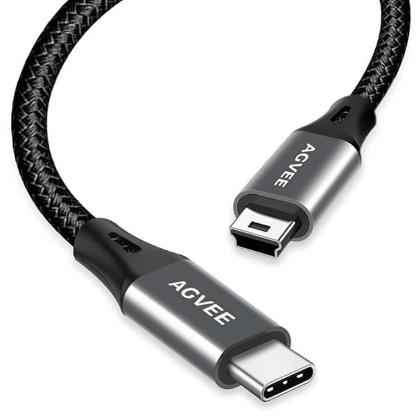 AGVEE 2 Pack 1ft USB-C to Mini USB Cable - Durable OTG Charger for Hero 3+, PS3, Cameras & More - Dark Gray