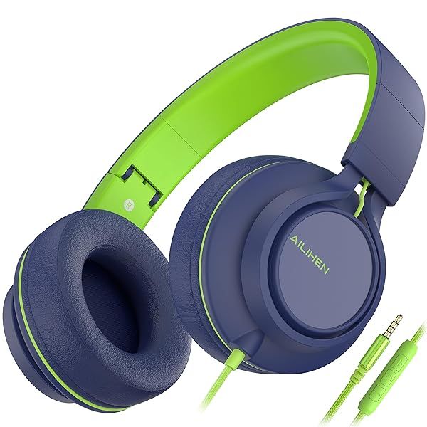 AILIHEN C8 Wired Headphones with Microphone and Volume Control for School Smartphones Laptops Tablets Airplane Travel Blue Green