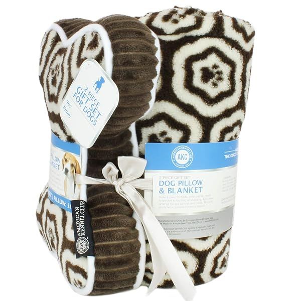 AKC 60x50 Pet Blanket and 10 Inch Pillow Set Warm Plush for Dogs and Cats Paw Print Brown