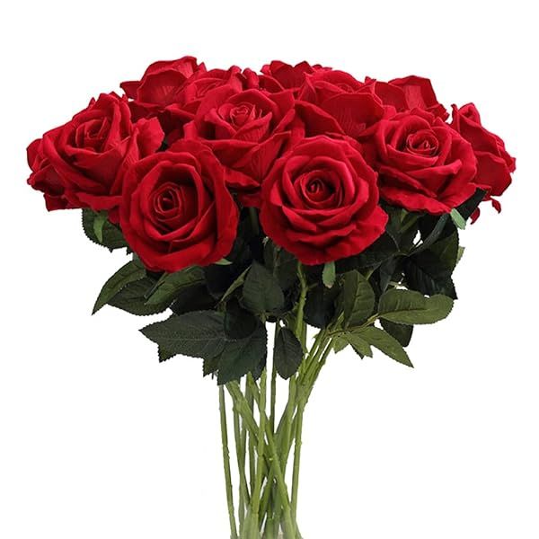 AMZALI Blush Fake Rose - Realistic Long Stem Silk Flowers for Wedding Bouquets & Home Decor