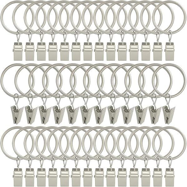 AMZSEVEN 40 Pack Curtain Rings with Clips Matte Silver Drapery Rings 1.26 Inch Interior Diameter Fits 1 Inch Curtain Rod