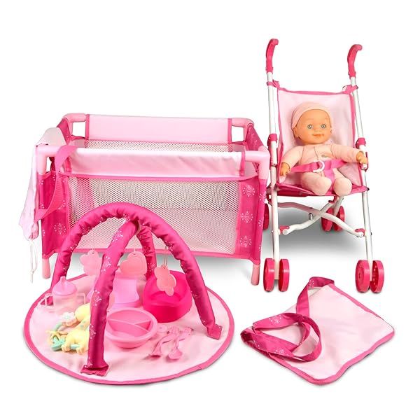 ANIVIA Baby Doll Stroller Set - Includes Stroller, Crib, Play Mat, Feeding Toy, Diaper Bag - Nursery Role Play Set (11" Doll Included)