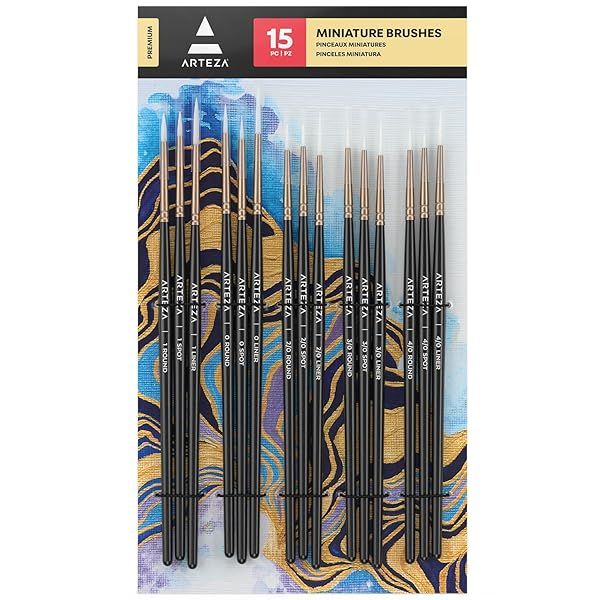 ARTEZA Detail Paint Brushes Set of 15 - Perfect for Miniature Models & Canvas Art