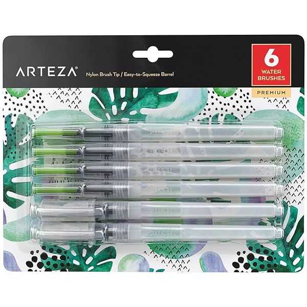 ARTEZA Water Brush Pen Set of 6 - Fine, Medium, Broad Tips | Self-Moistening & Refillable for Artists