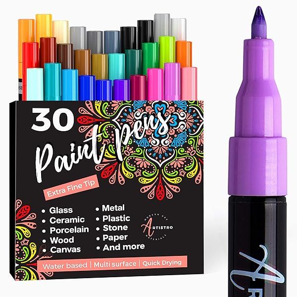 ARTISTRO 30 Acrylic Paint Pens Set for Fabric Canvas Rock Glass Wood Paper DIY Art Extra Fine Markers for Kids and Adults