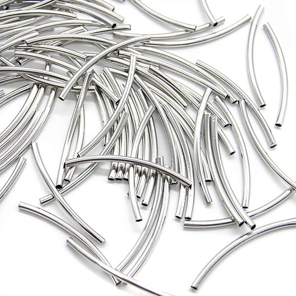 100 Pack Plated Metal Curved Noodle Tube Spacer Beads 3x50mm for DIY Jewelry Making - Silver Bracelet & Necklace Supplies