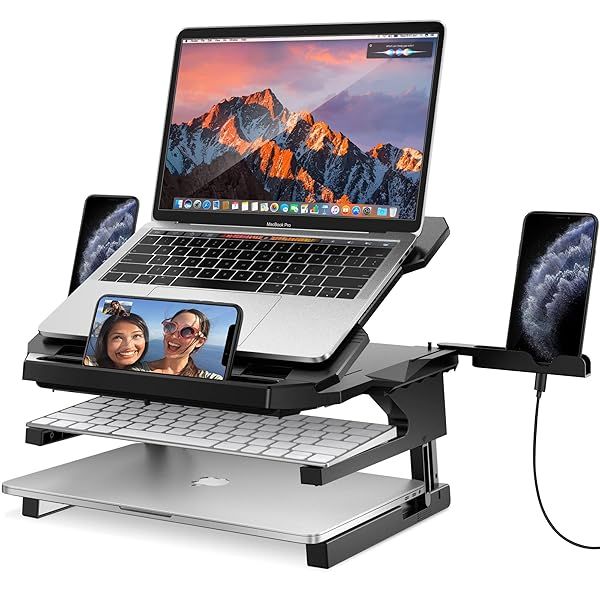 AboveTEK Adjustable Laptop Stand with 20 Angles and 360 Rotating Base for 10 to 17 Inch Laptops Portable Riser with Extra Phone Holders Black