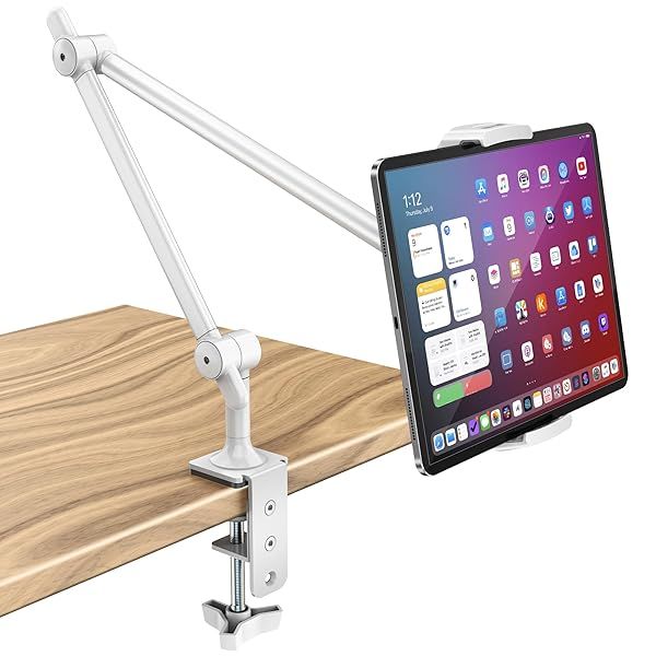 AboveTEK Premium Tablet Stand Holder, Aluminum Adjustable iPad Arm Clamp Mount for Desk & Bed with 360° Rotation, Overhead Compatible with 4.5"-13.5" iPad Pro/Air/Mini, iPhone, Galaxy Tab-White