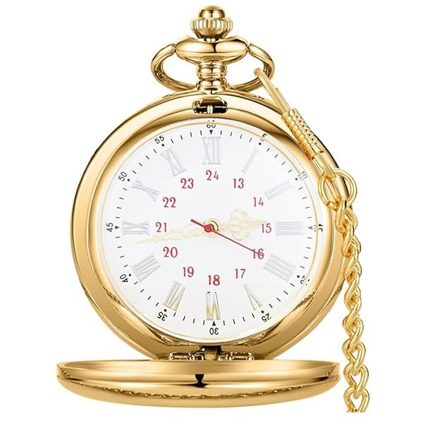 Alwesam Smooth Vintage Quartz Pocket Watch with Chain Roman Numerals Scale(Gold White)