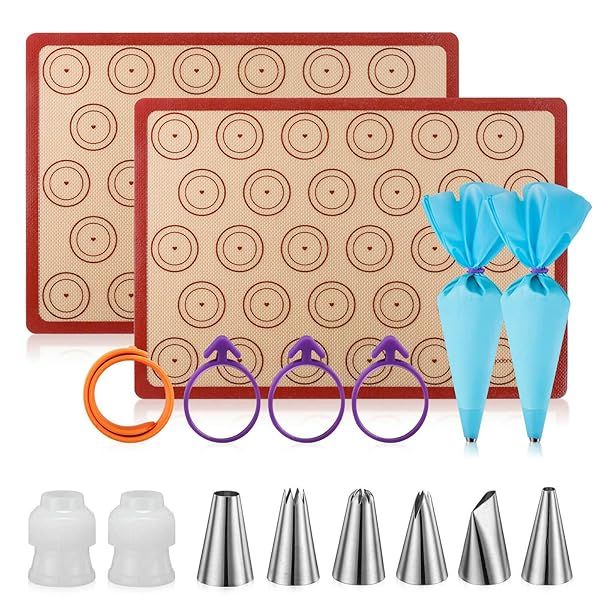 Angadona Macaron Silicone Baking Mats Kit 16pcs Nonstick Mat Set with Piping Tips Bags and Couplers for Perfect Macarons