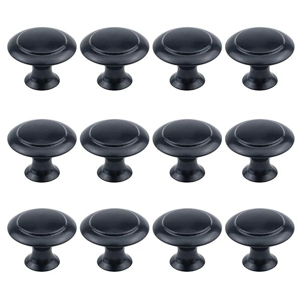 Antrader Flat Black Cabinet Hardware Round Knob 1 Inch Diameter 12 Pack with Mounting Screws for Kitchen and Bathroom Cabinets