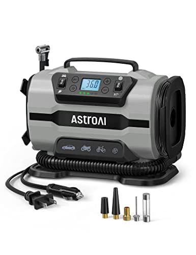 AstroAI Tire Inflator Portable Air Compressor Pump 150PSI 12V DC 110V AC with Dual Metal MotorsandLED Light, Automotive Car AccessoriesandTwo Modes