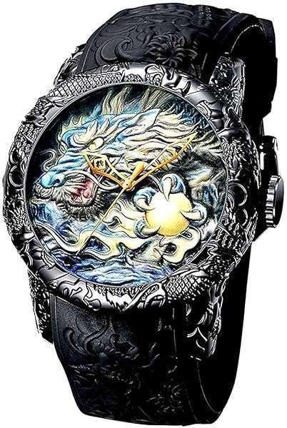 Men's 3D Engraved Dragon Automatic Watch - Waterproof Big Dial Sport Wristwatch (Full Black)