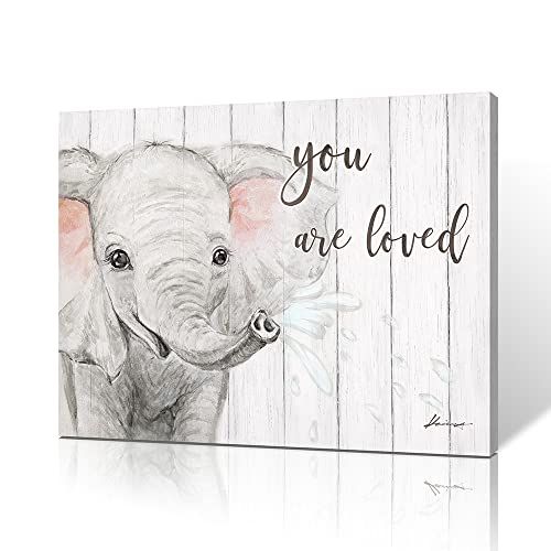 B BLINGBLING Elephant Nursery Canvas Wall Art Blush Pink and Grey Baby Elephant Inspirational Quote Poster for Kids Room Decor 16x12