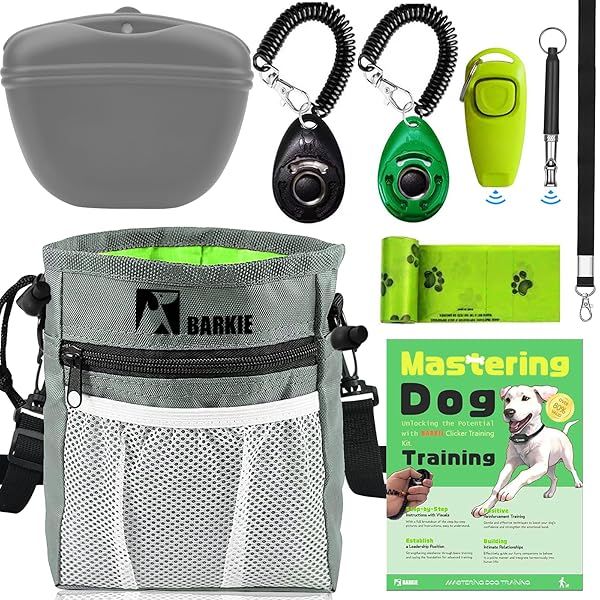 BARKIE Dog Training Kit with Treat Pouch Fanny Pack Clickers Whistle Guide Booklet and Poop Bags for Effective Puppy Training