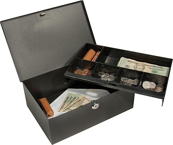 BARSKA 12-Inch Cash Box with Key Lock & 6 Compartment Tray - Secure Storage Solution