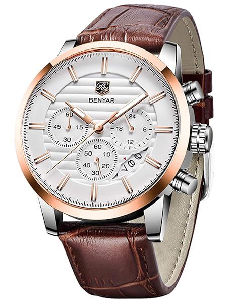 BENYAR Men's Chronograph Waterproof Watch - Stylish Brown Leather Band, Business & Sport Design (Coffee Gold White)