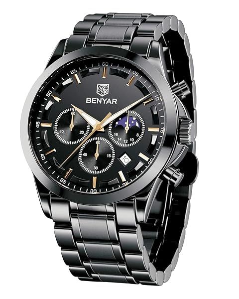 BENYAR Mens Analog Quartz Chronograph Watch Stylish Waterproof Casual Wristwatch with Stainless Steel Bracelet Elegant Gift for Men