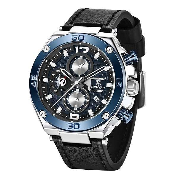 BENYAR Men's Chronograph Watch: Waterproof Sports & Business Leather Strap - Stylish Blue Timepiece