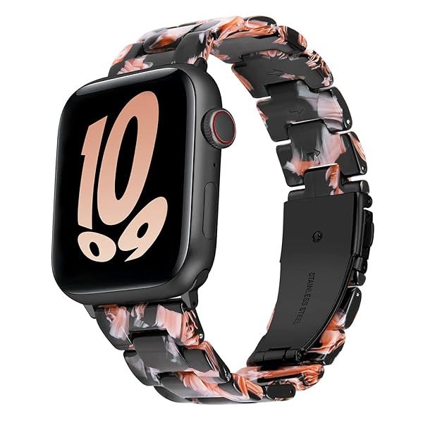 BINLUN Lightweight Resin Apple Watch Bands 44mm 45mm 46mm 49mm 42mm for Men Women Black Flower Compatible with iWatch Series 1 to 10
