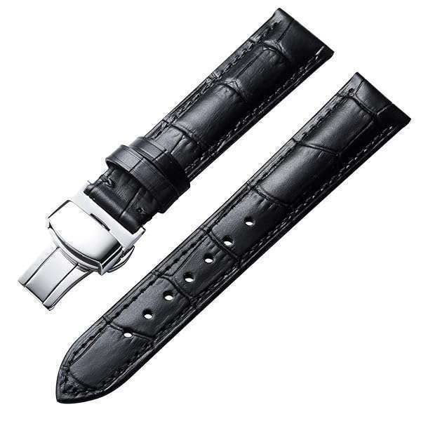 BINLUN Quick Release Leather Watch Strap with Silver Buckle - 12mm to 24mm Sizes for Men & Women (Black, 16mm)