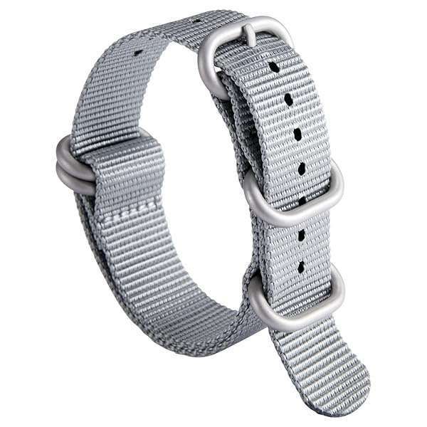 BINLUN Nylon Watch Strap Thick Premium Ballistic Multicolor Bands for Men Women 18mm 19mm 20mm 21mm 22mm 23mm 24mm with Military Heavy Duty 5 Rings Stainless Steel Buckle(Grey-Silver,21mm)