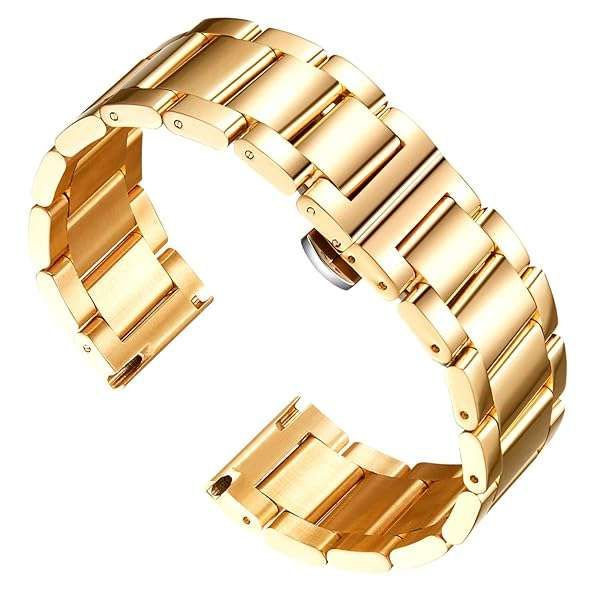 BINLUN Thick Stainless Steel Watch Band - Polished Gold Replacement Strap for Men & Women (22mm, Heavy Matte Brushed Finish)