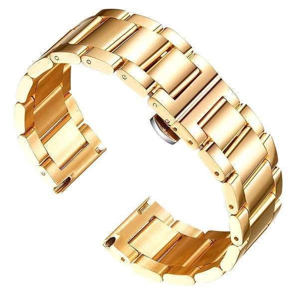 BINLUN Thick Stainless Steel Watch Band - Polished Gold Replacement Strap for Men & Women (16mm, 18mm, 20mm, 22mm)