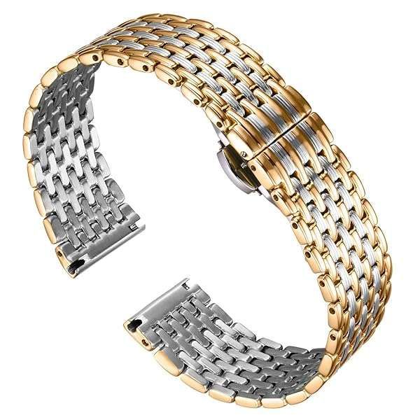 BINLUN Ultra Thin Mesh Stainless Steel Watch Band Light Watch Strap Polished Watch Bracelets Replacement 12mm/14mm/16mm/18mm/20mm/22mm for Men Women with Butterfly Buckle(Silver and Gold,12mm)