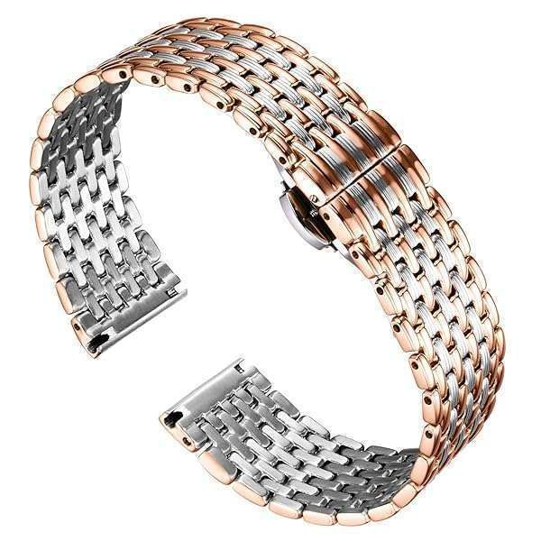 BINLUN Ultra Thin Mesh Stainless Steel Watch Band - 14mm Replacement Strap for Men & Women with Butterfly Buckle in Silver/Rose Gold