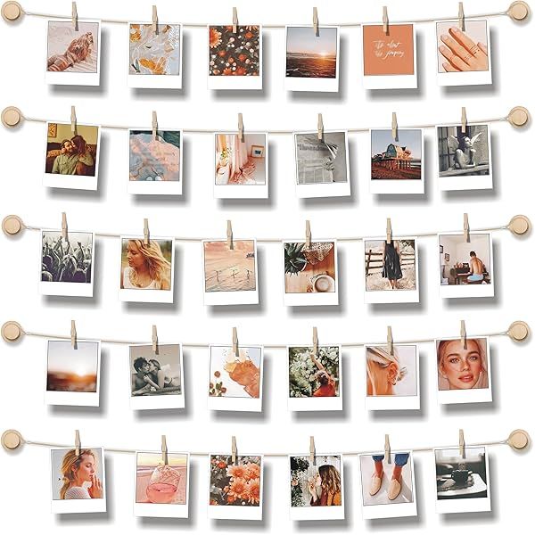 Stylish BIZYAC Hanging Photo Display - 5 Strings, 30 Clips, No Drill Wall Decor - 30x30 Inch Collage Frames