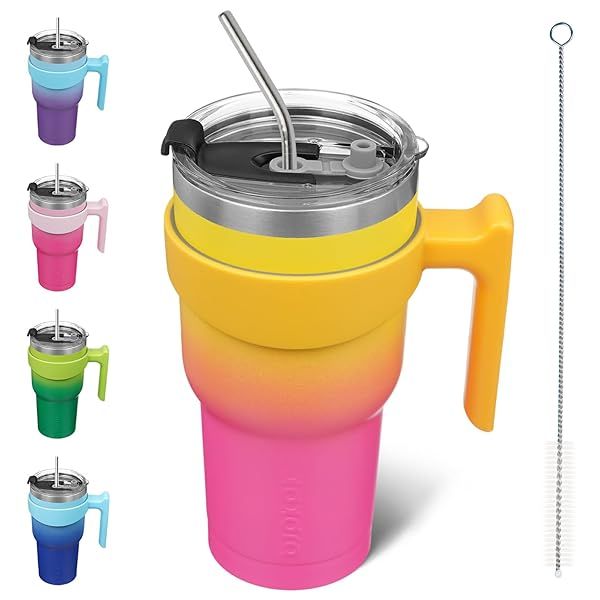 BJPKPK 30 oz Stainless Steel Tumbler with Handle and Straw Lid for Home Office or Car in Pink Yellow Rose