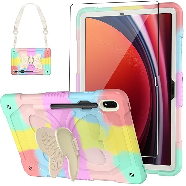 BLOSOMEET Pink Case for Galaxy S9 Plus 12.4 Inch 2023 Kids with Screen Protector Pencil Holder Butterfly Stand and Shoulder Strap
