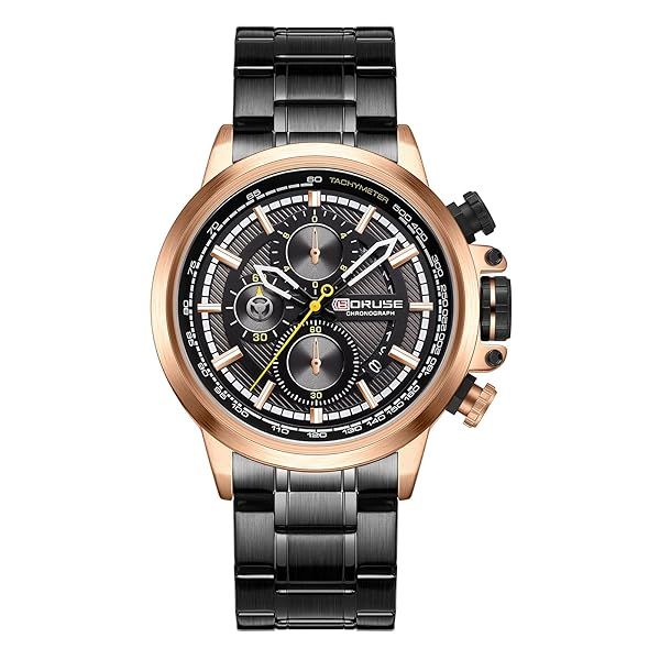 BORUSE Black Stainless Steel Business Watch for Men Luxury Quartz Chronograph Waterproof Casual Analog Wristwatch