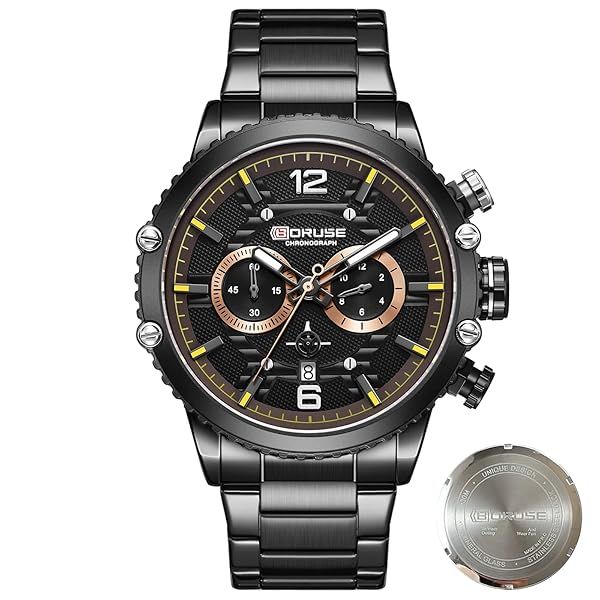 BORUSE Luxury Black Stainless Steel Chronograph Watch for Men Waterproof Luminous Calendar Big Face Fashion Business Analog Quartz Wristwatch
