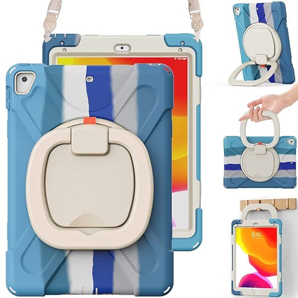 BRAECN Rugged iPad Case for 6th 5th Generation iPad Pro 9.7 and iPad Air 2 with Pencil Holder Swivel Stand and Adjustable Strap Colorful Blue