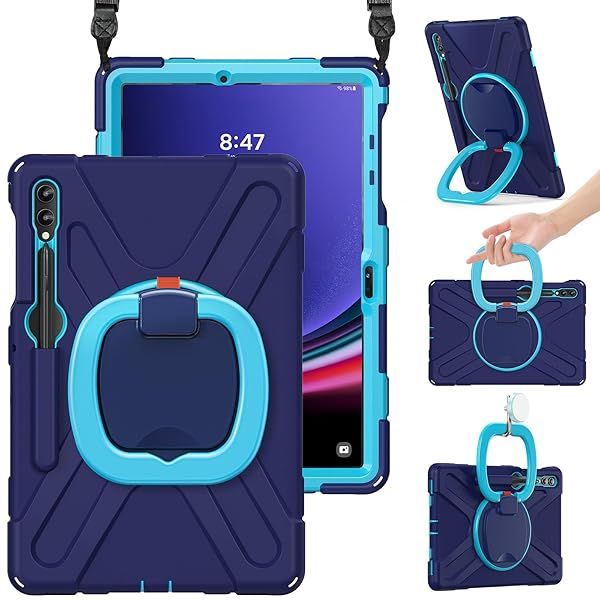 BRAECN Rugged Silicone Case for Samsung Galaxy Tab S9 FE Plus S9 Plus S8 Plus S7 FE S7 Plus 12.4 Inch with Handle Grip Kickstand and Shoulder Strap Navy Blue