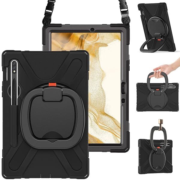 BRAECN Heavy Duty Shockproof Silicone Case for Samsung Galaxy Tab S9 S8 S7 11 Inch with S Pen Holder Rotating Handle Grip Navy Blue