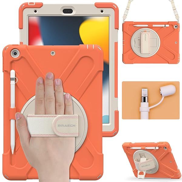 BRAECN Heavy Duty Case for iPad 9th 8th 7th Generation 10.2 Inch with Screen Protector Rotating Stand and Shockproof Design for Kids
