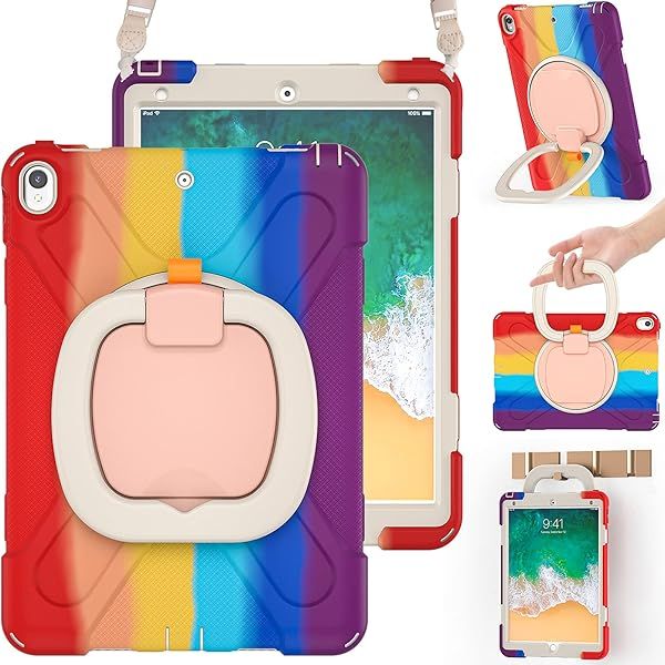 BRAECN Kids Case for iPad Pro 10.5 and iPad Air 3 Heavy Duty Rugged Silicone with Pencil Holder Carrying Strap and Kickstand Colorful Red