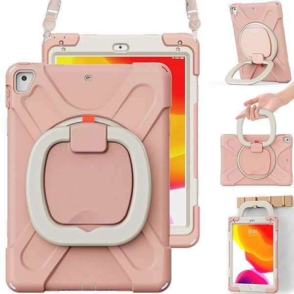 BRAECN Functional Kids Case for iPad 6th 5th Generation Rugged Silicone Cover with Hand Grip Pencil Holder Shoulder Strap Kickstand Rose Gold