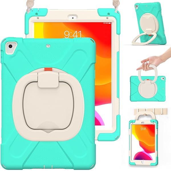 BRAECN Silicone Case for iPad 6th 5th Generation Full Body Protection with Rotating Hand Grip Pencil Holder Kickstand Shoulder Strap Mint Green