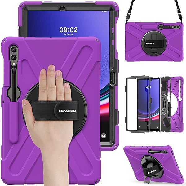 BRAECN Rugged Heavy Duty Case for Samsung Galaxy Tab S8 Plus S7 Plus S7FE with S Pen Holder and Kickstand 12.4 Inch Purple
