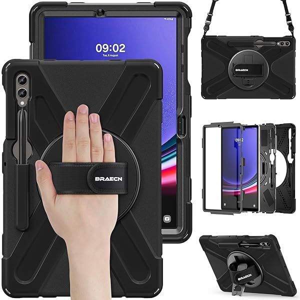 BRAECN for Samsung Galaxy Tab S10 Plus Case 2024/S9 Plus/S9 FE+/S8 Plus/S7 Plus /S7 FE 12.4 Inch,Heavy Duty Shockproof Case with S Pen Holder&360 Rotating Hand Strap/Kickstand Shoulder Strap,Black