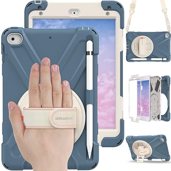 BRAECN iPad Mini 5 Case Kids Heavy Duty Shockproof Protective Case with Hand Strap Kickstand Pencil Holder for iPad Mini 4 Cornflower Blue